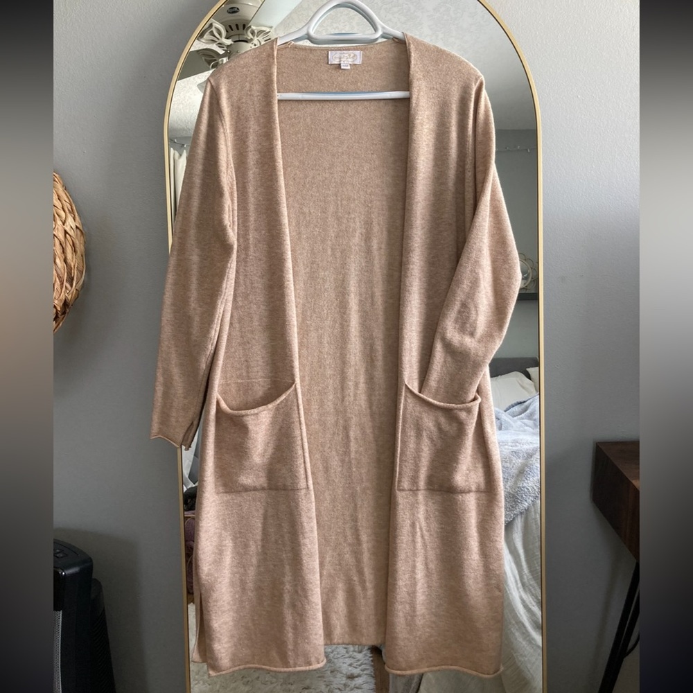 Mud Pie Tan Cardigan Sweater with Open Front Design